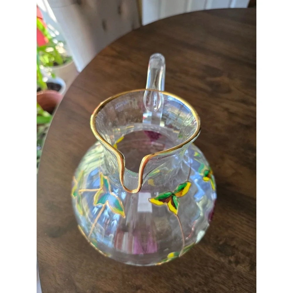 Hand-Painted Glass Pitcher With Grapes & Leaves Design made in Romania